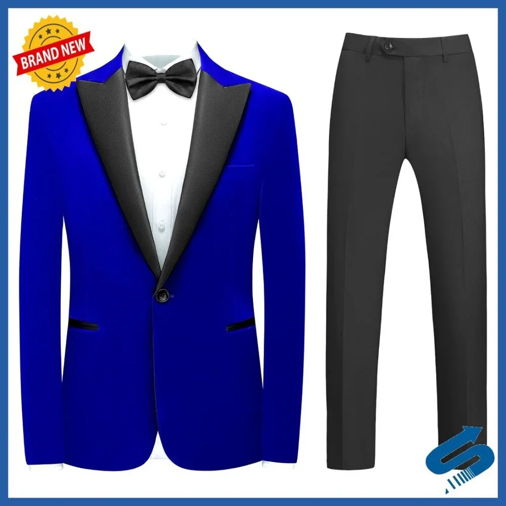 Velvet Suit Set Slim Fit Tuxedo Peak Lapel Blazer Pants Formal Wedding Prom